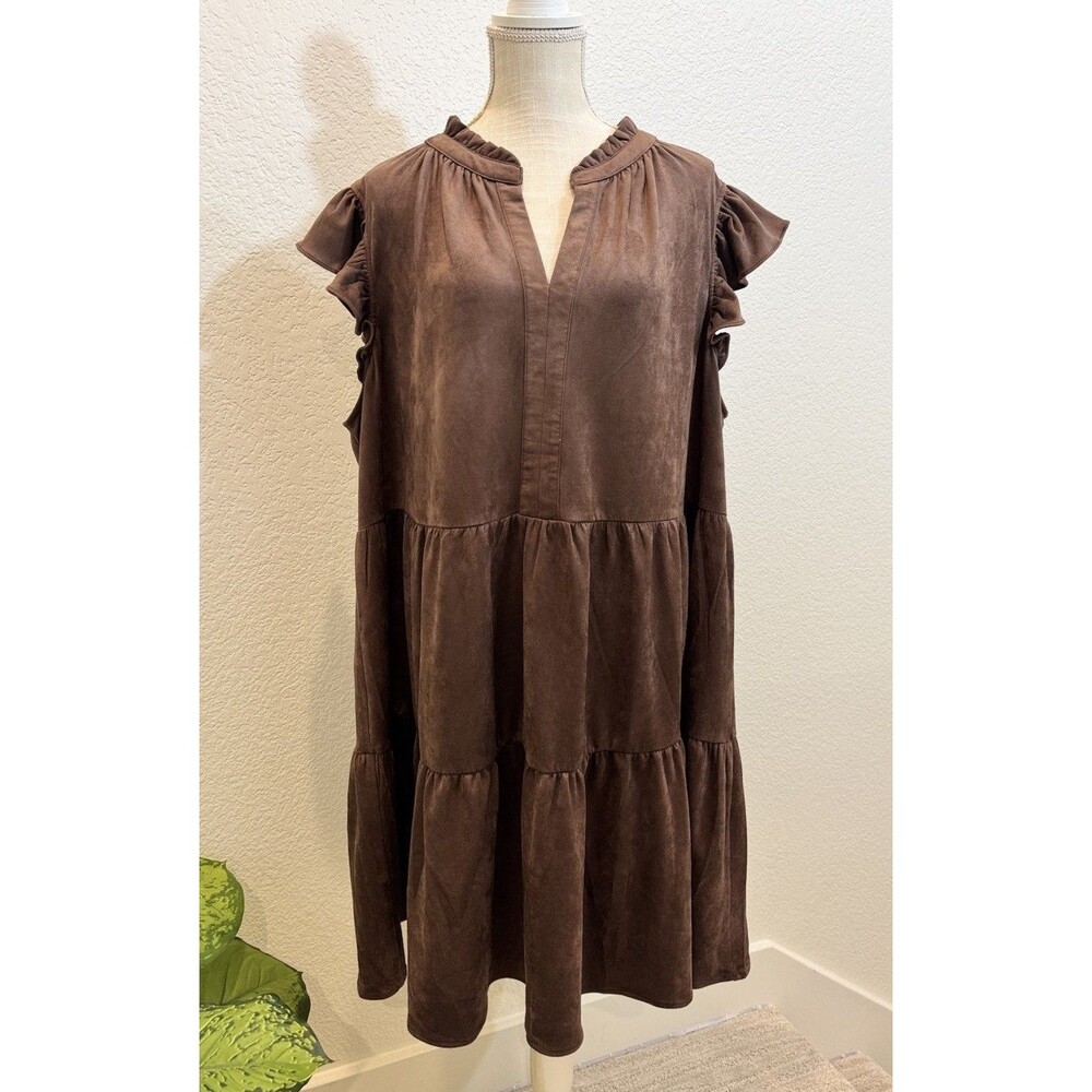 Skies Are Blue Faux Suede Split V-Neck Ruffle Cap Sleeve Tier Dress. Size 3X - Picture 1 of 7